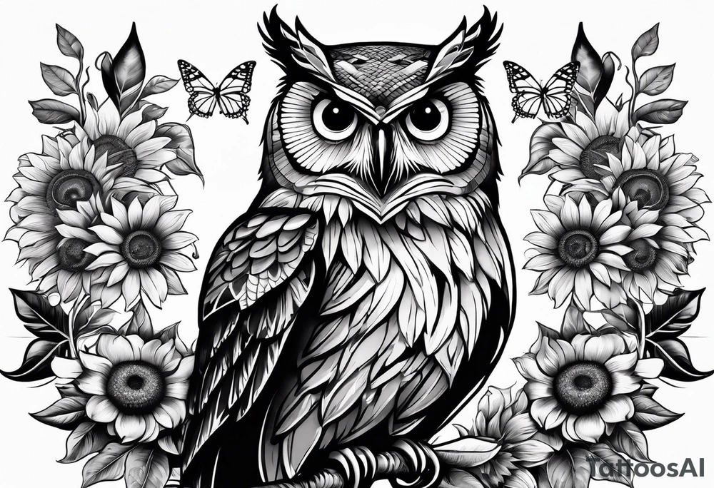 Owl, sunflower with a butterfly tattoo idea
