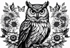 Owl, sunflower with a butterfly tattoo idea