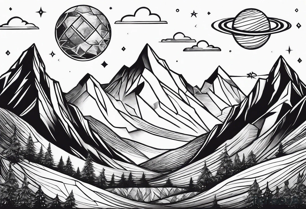Mountains in a diamond with planets and stars in the background outside the shape tattoo idea