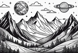 Mountains in a diamond with planets and stars in the background outside the shape tattoo idea
