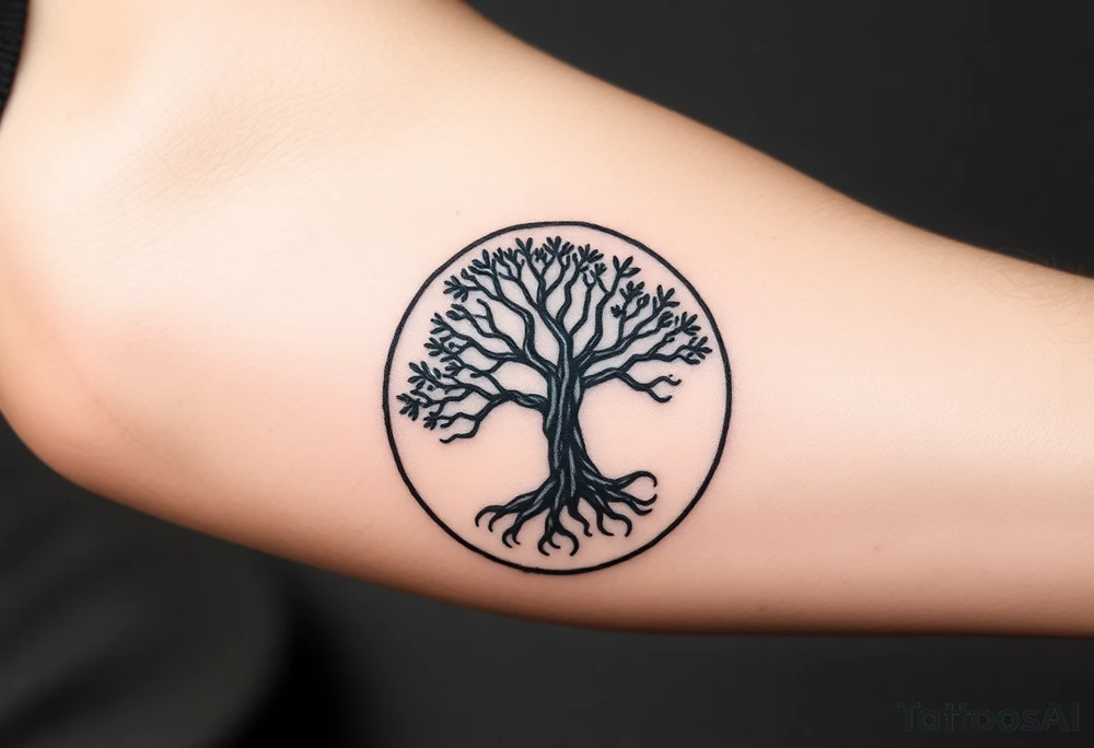 Tree encircled in a spiral circle coming from the center of the tree tattoo idea