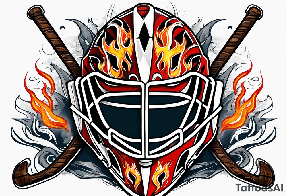 a puck hitting a goalie mask with crossed hockey sticks and flames that says "SHOT HOCKEY" tattoo idea