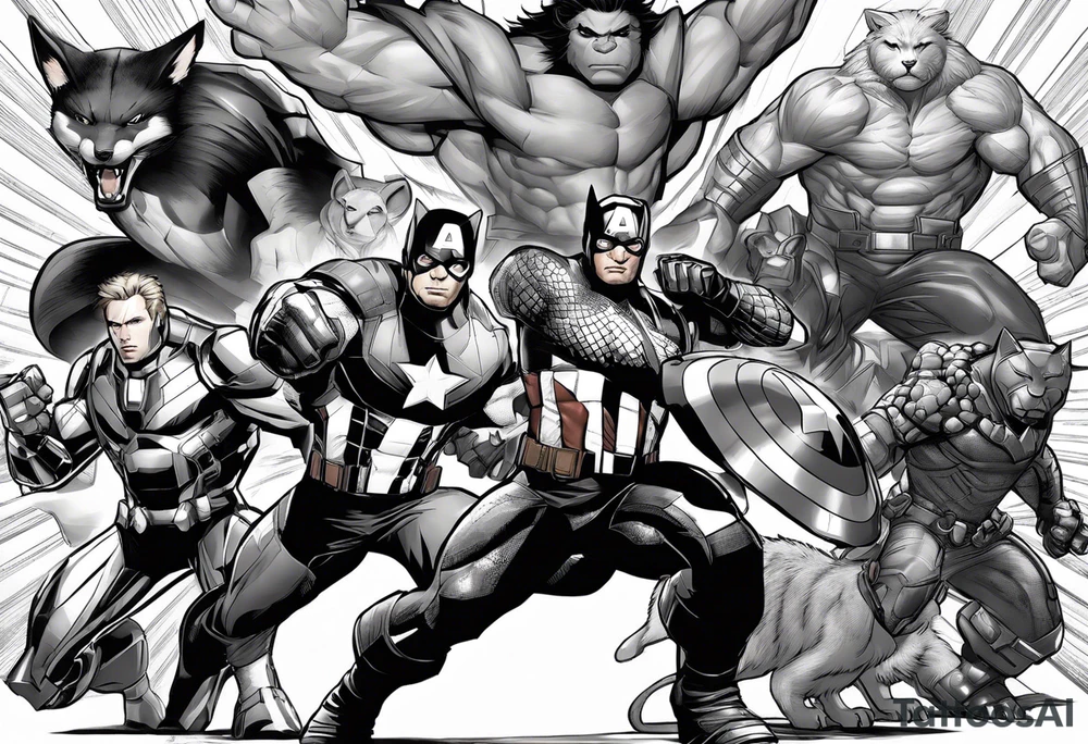 I want to change Avengers Team characters with animals. Hulk will be Badger, Thor will be Alpha Grey Wolf, Captain America will be Bull, Iron Man will be Canary, Black Widow will be Axolotl, Hawk Eye will be Sudan Plated Lizard and Nick Fury will be Cat. tattoo idea