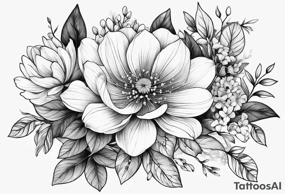“Generate a subtle botanical tattoo with soft, flowing lines, showcasing tiny flowers and leaves arranged in a delicate pattern tattoo idea