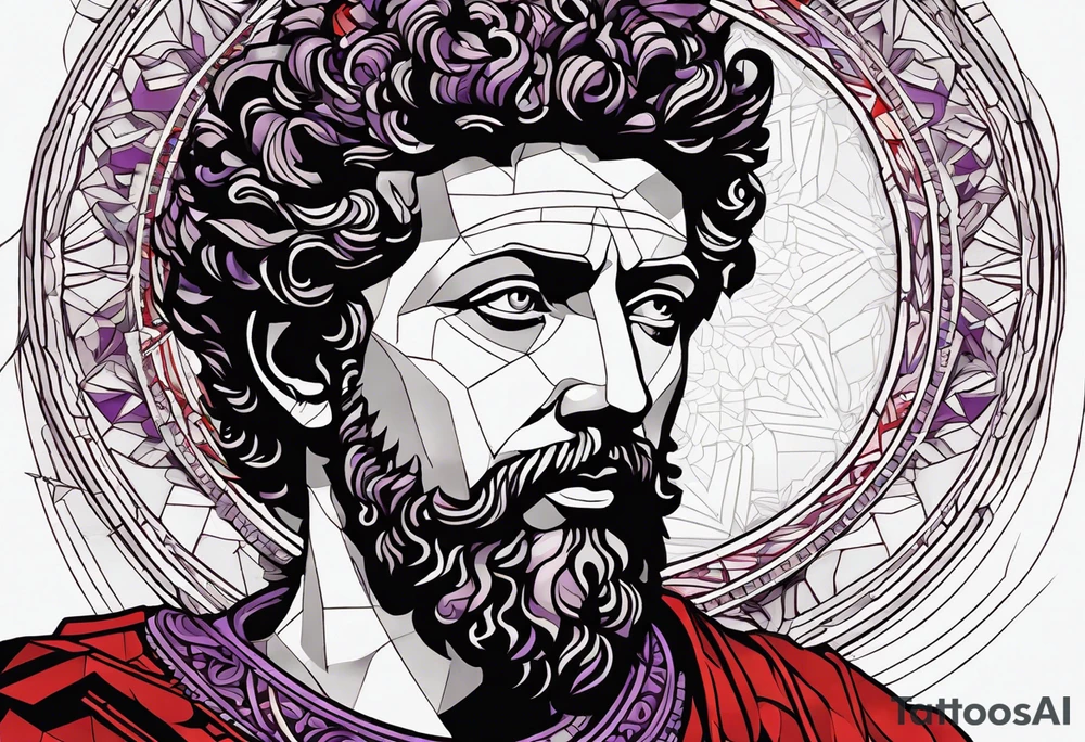 The Face of marcus aurelius with the lower left half missing. He is looking slightly away at 25 degrees. Geometric symbols framing the background. The background has small color splashes of red and purple. tattoo idea