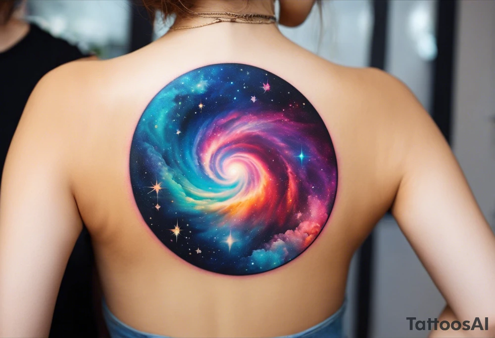 I want a spiral nebula space galaxy tattoo that's colorful and bright and cute and is nice to look at I don't want a traditional circle I want it like the ones thay look like an s shape and this tattoo will be on my left buttcheek and light colors I want more spread and less circle tattoo idea