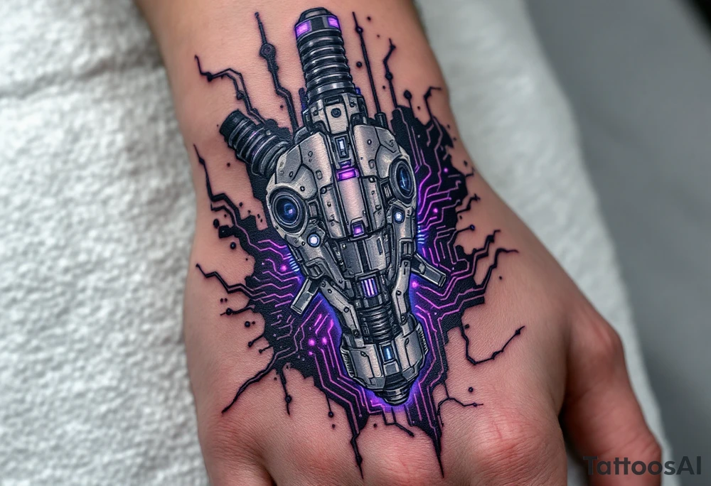 A biomechanical structure starting at the palm in brushed aluminum, surrounded by glowing violet circuitry and torn muscle detail. tattoo idea