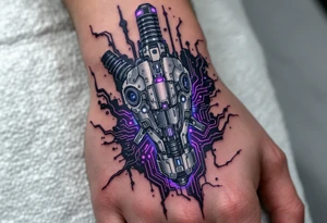 A biomechanical structure starting at the palm in brushed aluminum, surrounded by glowing violet circuitry and torn muscle detail. tattoo idea