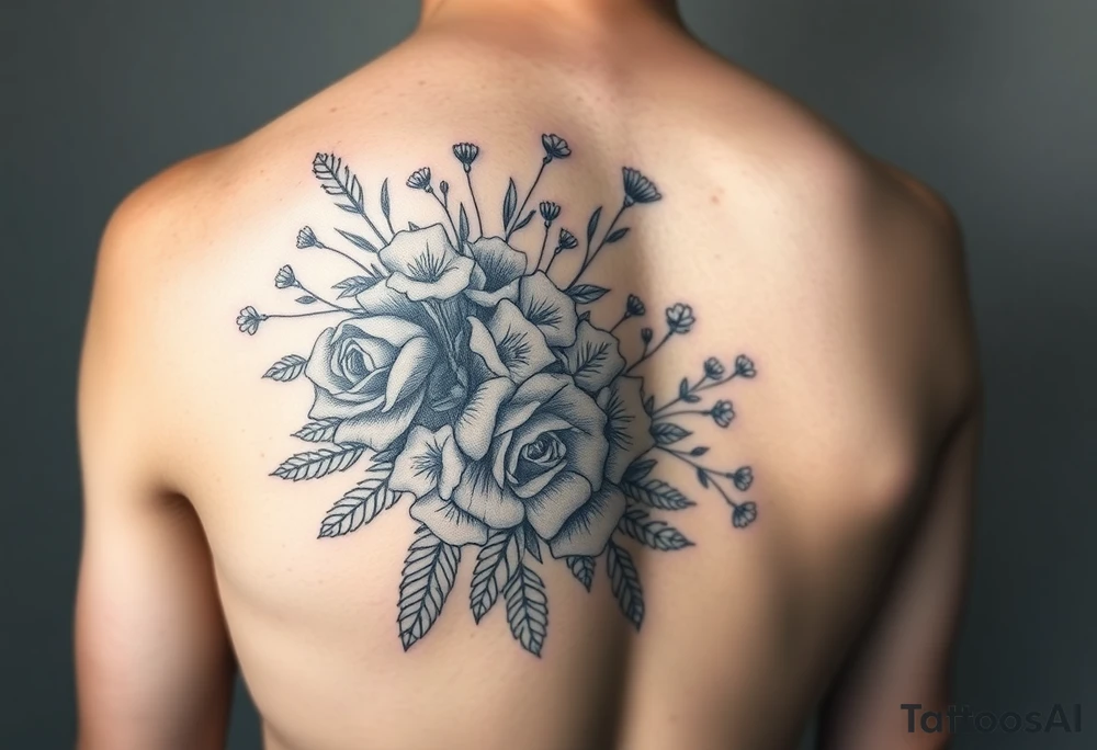 vintage bouquet of wild roses and meadow flowers with morning dew tattoo idea