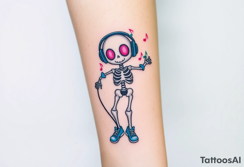 Cute smiley skeleton with pink dreamy eyes in his eyes jumping on a jump rope with both hands blue headphones blue armbands blue sneakers and colorful  music notes around his head tattoo idea