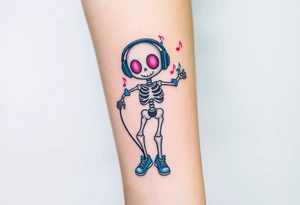Cute smiley skeleton with pink dreamy eyes in his eyes jumping on a jump rope with both hands blue headphones blue armbands blue sneakers and colorful  music notes around his head tattoo idea