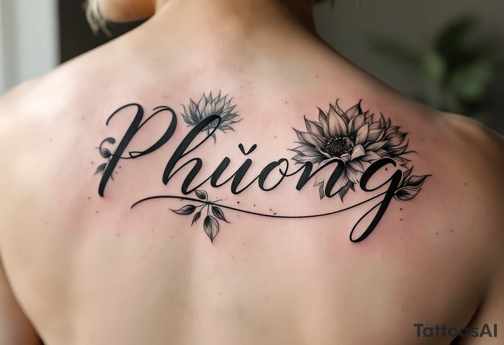 Word "Phuong" written with sunflower tattoo idea