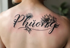 Word "Phuong" written with sunflower tattoo idea