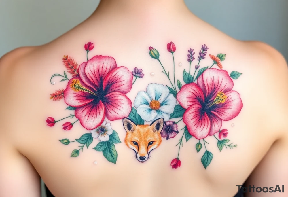 vintage bouquet of wild hibiscus
 and meadow flowers with morning dew and a fox tattoo idea