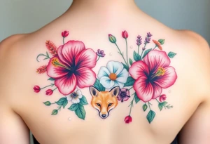 vintage bouquet of wild hibiscus
 and meadow flowers with morning dew and a fox tattoo idea