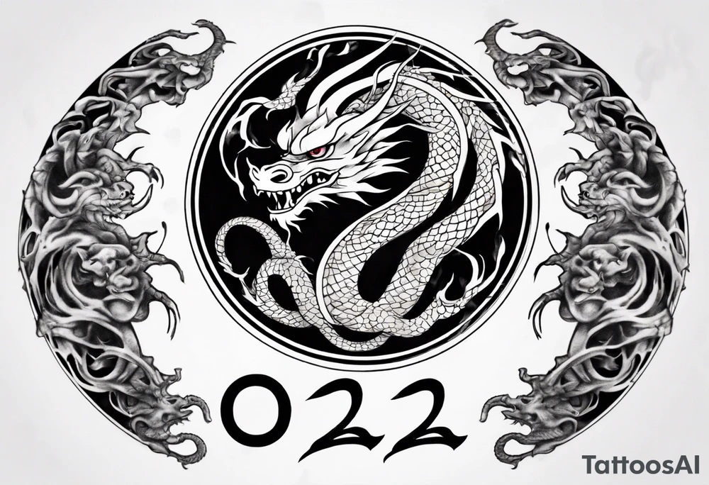 Chinese dragon in a circular shape with "02.03" written on its skin tattoo idea