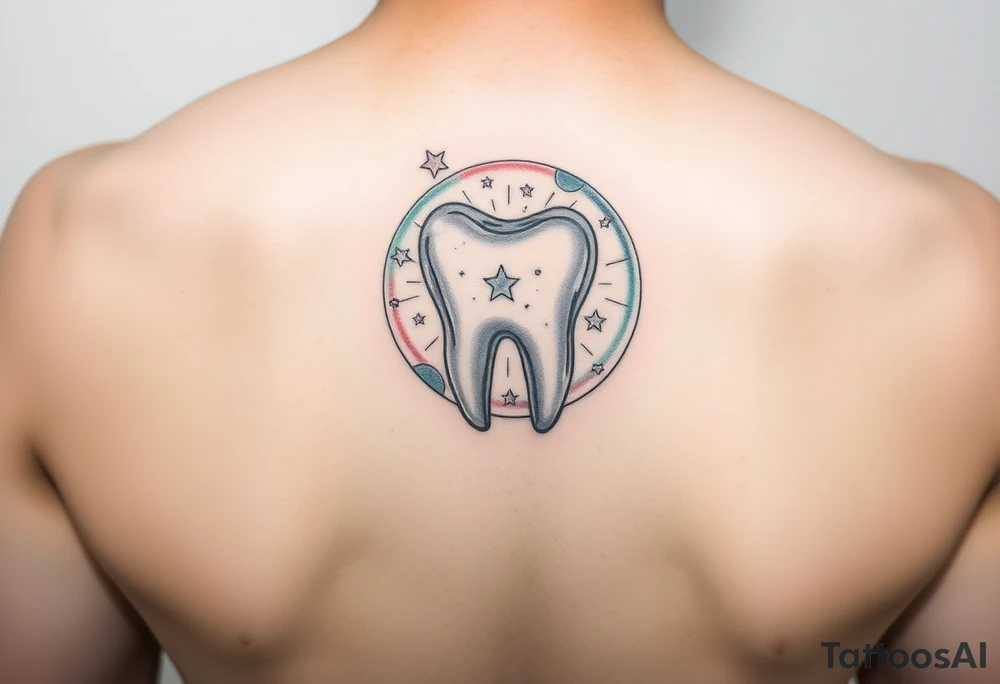 A kawaii-style molar tooth floating inside a crystal bubble with tiny stars and a gentle rainbow glow, watercolor effect.” tattoo idea