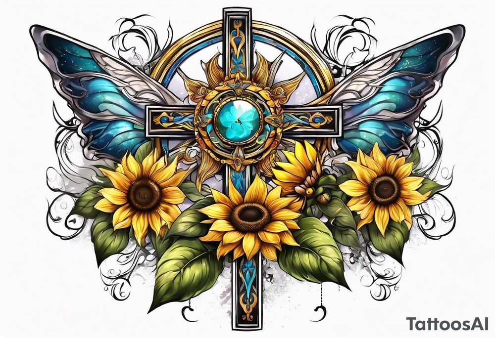Winged cross with sunflower and butterflies tattoo idea