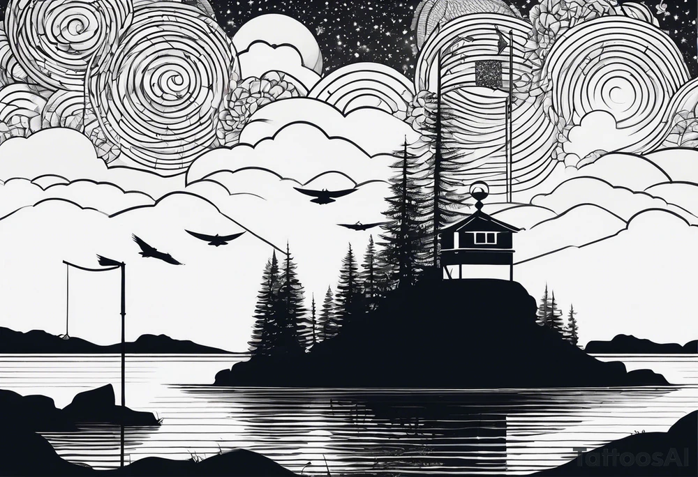 silhouette of landscape and fishingpole and line tattoo idea