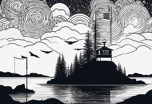 silhouette of landscape and fishingpole and line tattoo idea