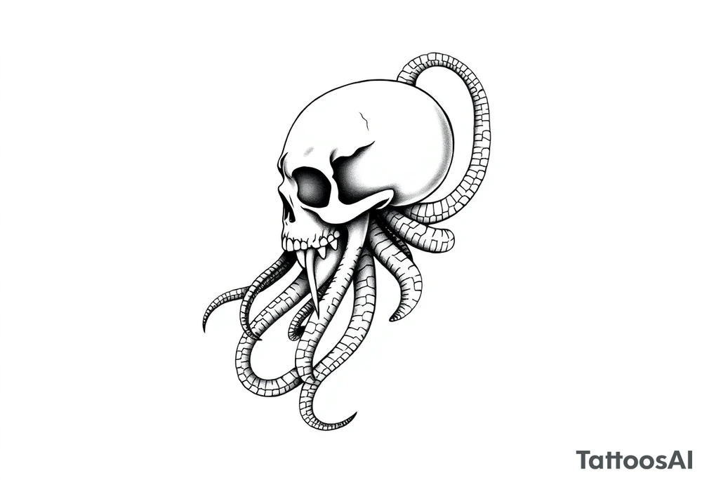 A minimalist blackwork tattoo design of a kraken with a skull fused into its head. The kraken is viewed from a 45-degree angle facing left, with its head centered and occupying 90% of the height of the head portion of the design. The tentacles extend only to the left and right, with none going downward beneath the head. The tattoo is designed to flow from the inner bicep into the forearm, creating a balanced and dynamic composition. The style is clean, fine-line detailing with bold outlines, avoiding heavy shading. The tentacles should be fluid, aggressive, and striking, enhancing the menacing and eerie look of the kraken while maintaining a cohesive design for a tattoo sleeve. tattoo idea