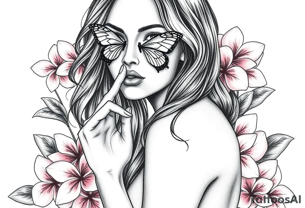 Womens realistic face with her long wavey hair flowing down. Her back  while she kneels down  naked on Her knees in Beautiful pink plumeria
 looking straight ahead her eyes are there but covered by a butterfly for each eye her small nose i seen her as she has her index finger to her lips as if saying keep it a secret or be quiet and her arm up with both hand to each of her ears as not trying to hear anything tattoo idea