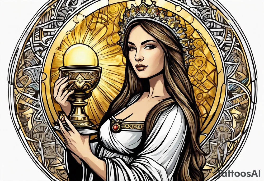 woman saint holding chalice surrounded by golden halo sideways tattoo idea
