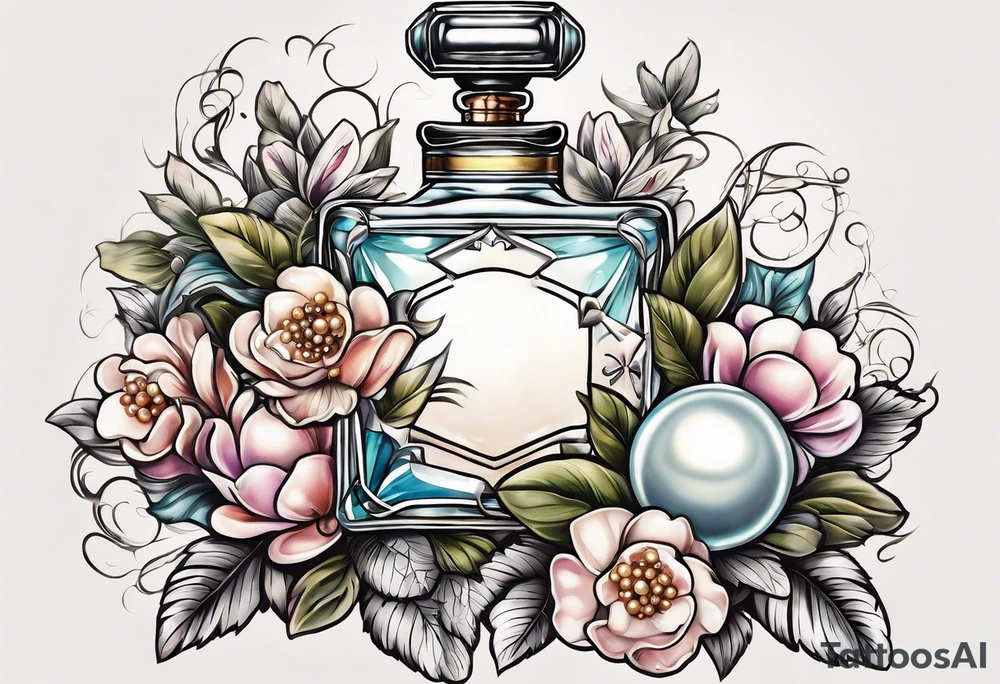 Pearl necklace wrapped around 1950s perfume bottle with flowers and bows surrounding tattoo idea