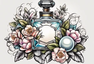 Pearl necklace wrapped around 1950s perfume bottle with flowers and bows surrounding tattoo idea