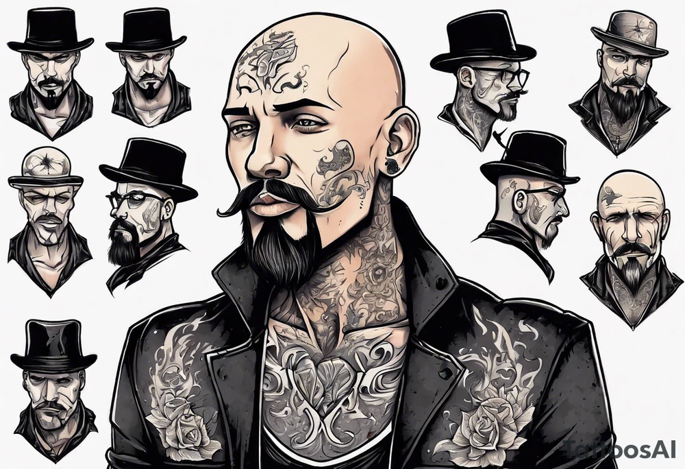 bald heartbroken man closeup goatee black hat tattoo idea