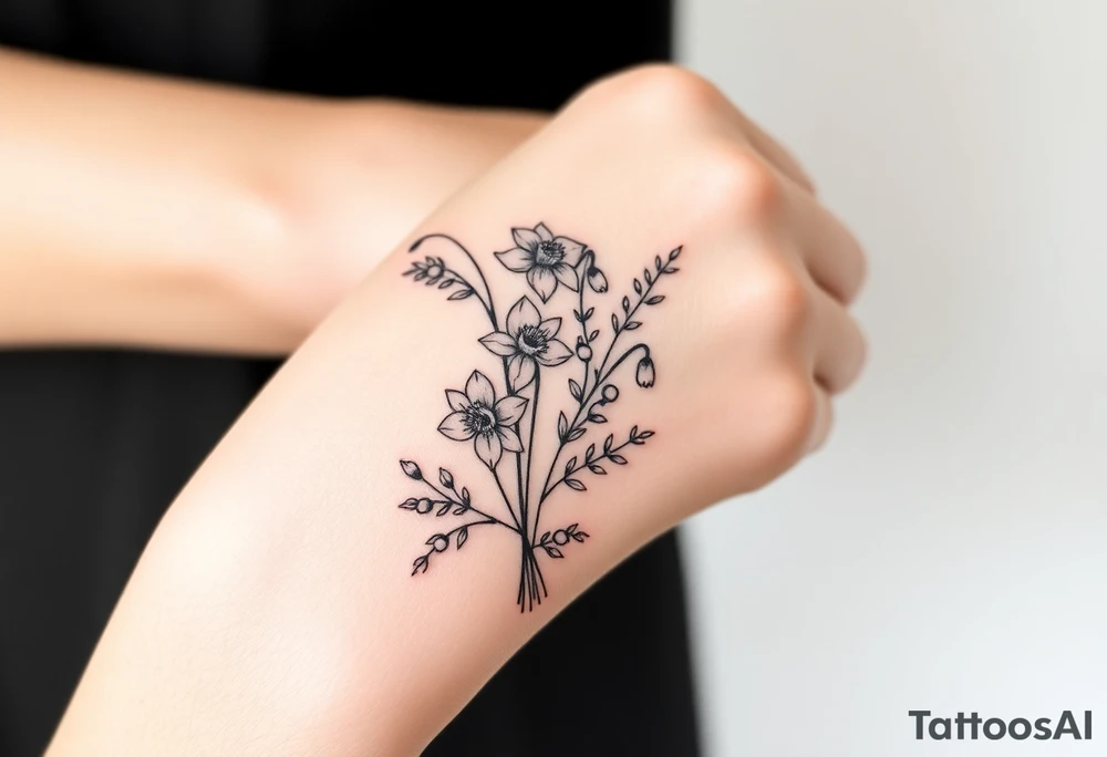 Bouquet of birth months flowers Lilly of the valley, daffodil, larkspur and Ilex aquifolium with berries tattoo idea