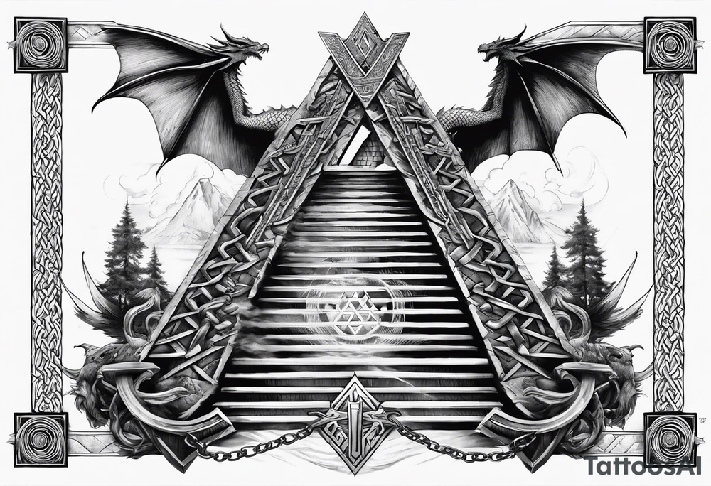 Valhalla sword shield dragon axe stairs Valknut barbed wire chains valknut fire tattoo idea