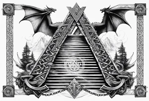 Valhalla sword shield dragon axe stairs Valknut barbed wire chains valknut fire tattoo idea