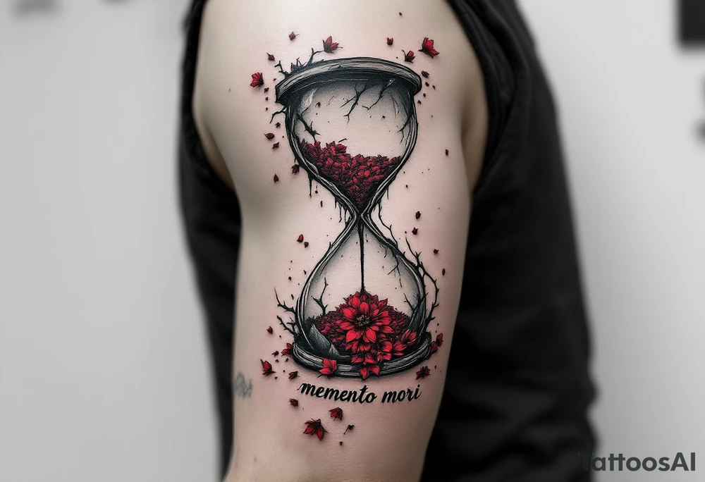 A grayscale hourglass cracked and spilling red petals, with "memento mori" in inked calligraphy curling along the base. tattoo idea