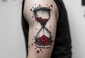 A grayscale hourglass cracked and spilling red petals, with "memento mori" in inked calligraphy curling along the base. tattoo idea