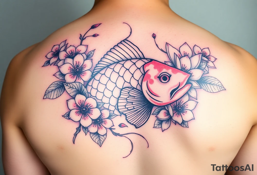 Cherry blossoms and lotus flowers surrounding a big bright coy fish tattoo idea