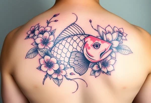Cherry blossoms and lotus flowers surrounding a big bright coy fish tattoo idea