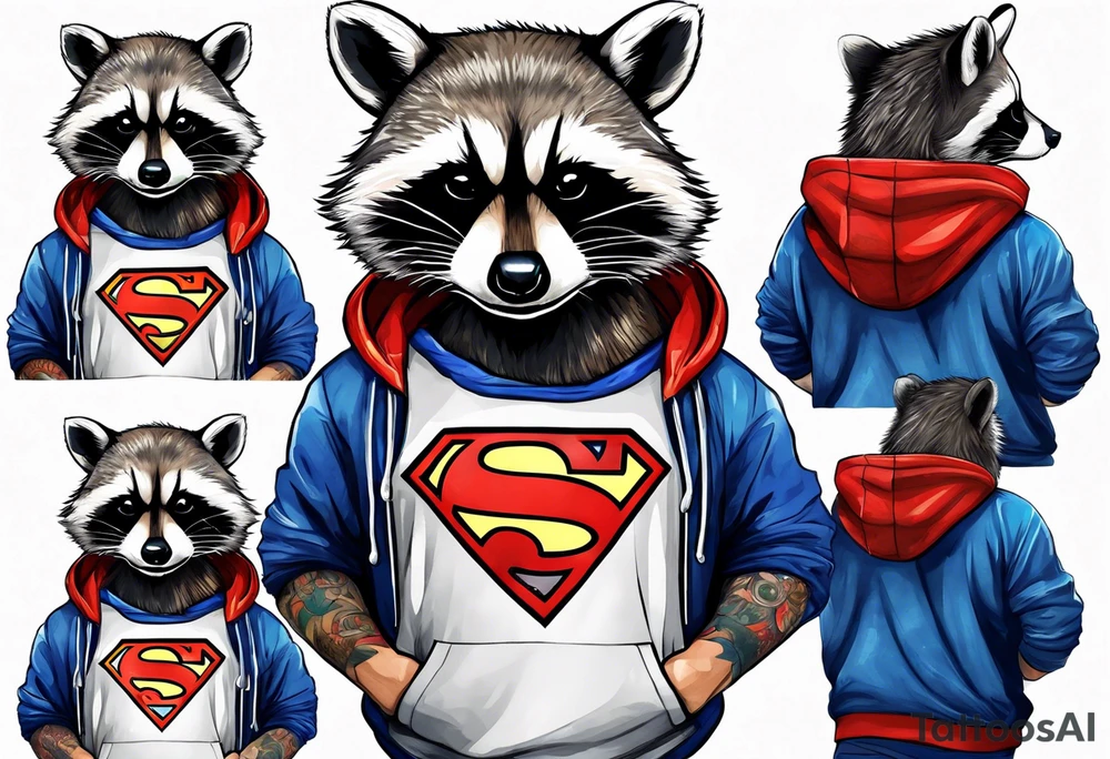 raccoon wearing a Superman hoodie tattoo idea