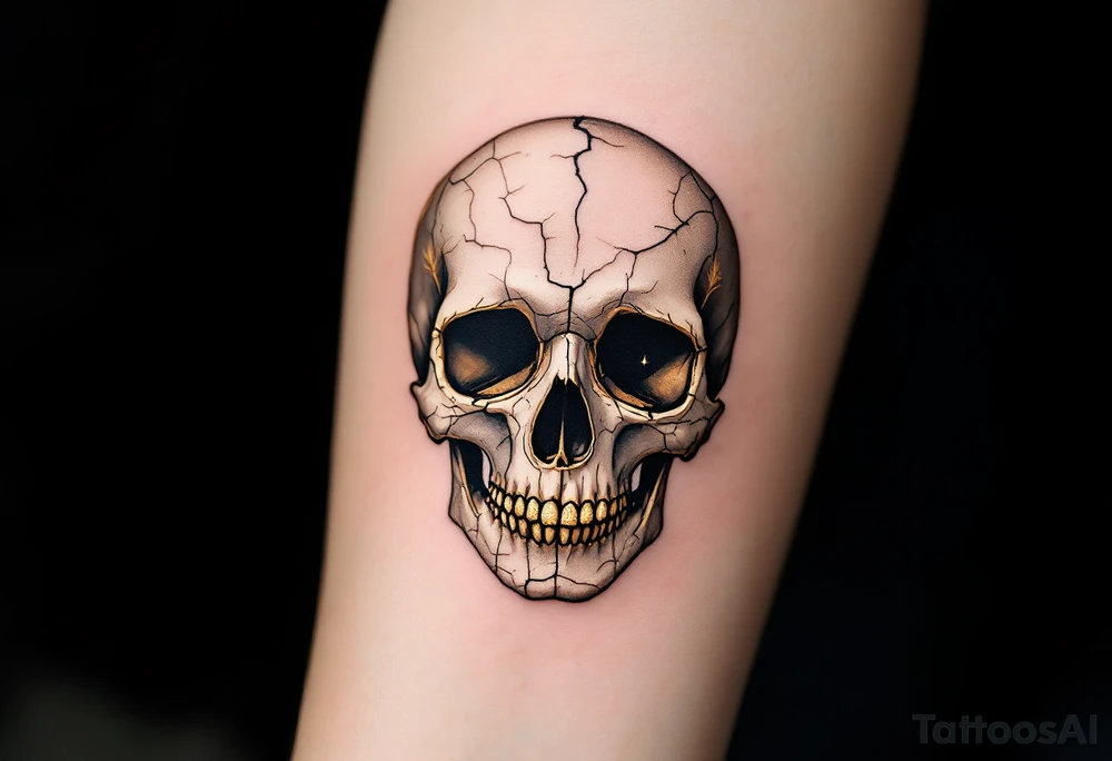 A cracked, stone-colored human skull with golden Roman laurel leaves and "memento mori" in weathered Latin lettering. tattoo idea