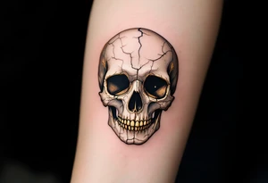 A cracked, stone-colored human skull with golden Roman laurel leaves and "memento mori" in weathered Latin lettering. tattoo idea