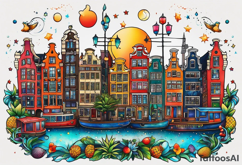 glass animals featuring animals and featuring colours of the universe and galaxies and pineapples in amsterdam city featuring Amsterdam buildings and canal made of glass tattoo idea
