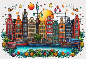 glass animals featuring animals and featuring colours of the universe and galaxies and pineapples in amsterdam city featuring Amsterdam buildings and canal made of glass tattoo idea