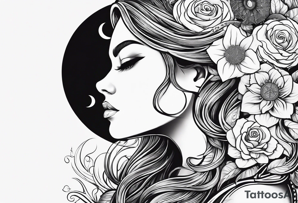 Viking, feminine warrior, bedroom eyes, headshot, princess, round emblem, moon goddess, Gaia, flowers, axe tattoo idea