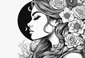 Viking, feminine warrior, bedroom eyes, headshot, princess, round emblem, moon goddess, Gaia, flowers, axe tattoo idea