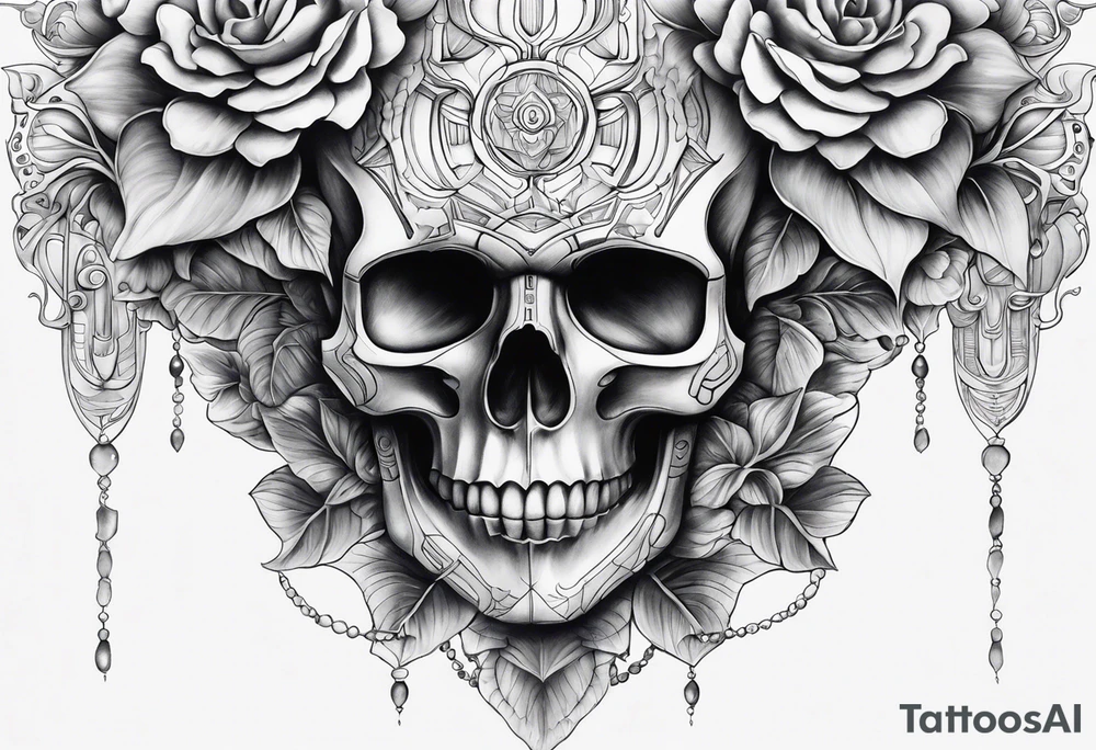 H.R. Giger mean skulls, water flow shapes, geometric shapes, flowers, using blues and fall colors tattoo idea