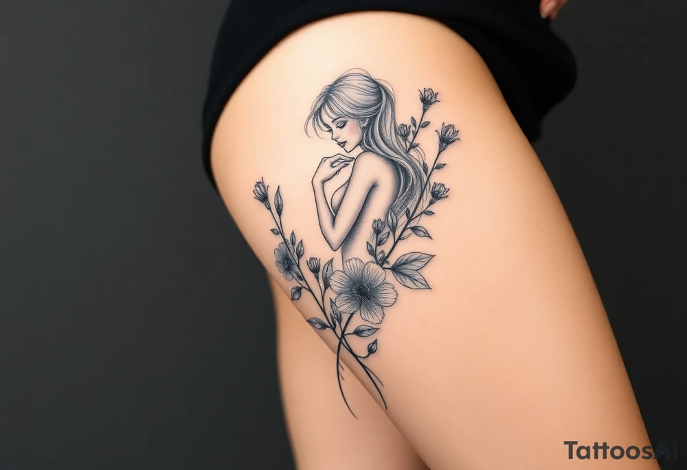 Full thigh tattoo with a sexy girl and plants tattoo idea