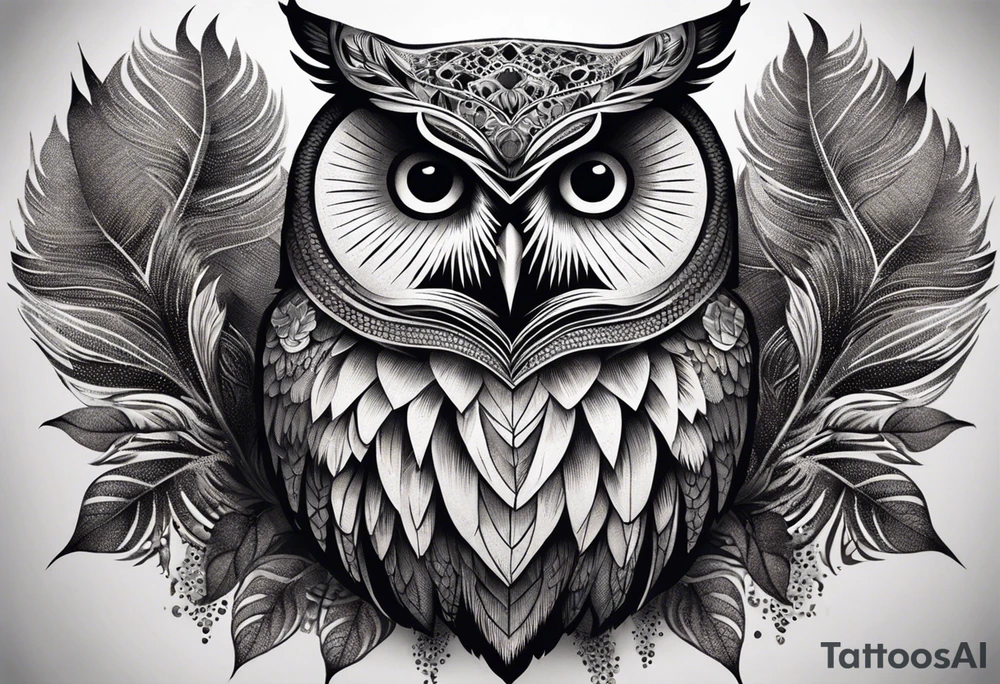 “A wise owl perched on a branch, with large, expressive eyes and intricate feather patterns, representing wisdom tattoo idea