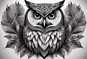 “A wise owl perched on a branch, with large, expressive eyes and intricate feather patterns, representing wisdom tattoo idea