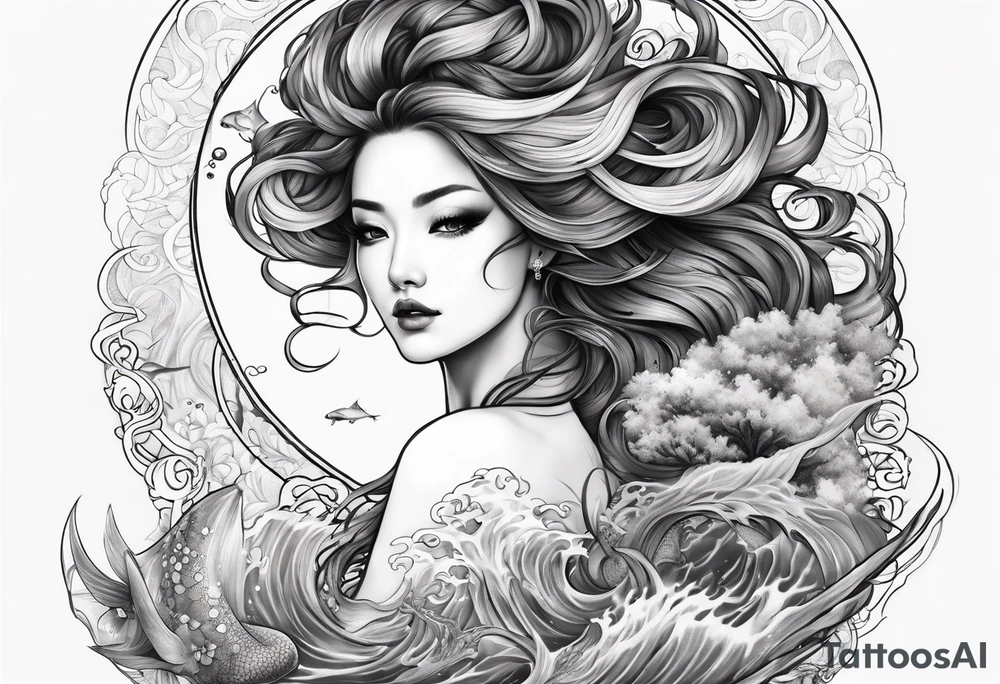 Full-body portrait of an ethereal woman of the sea tattoo idea