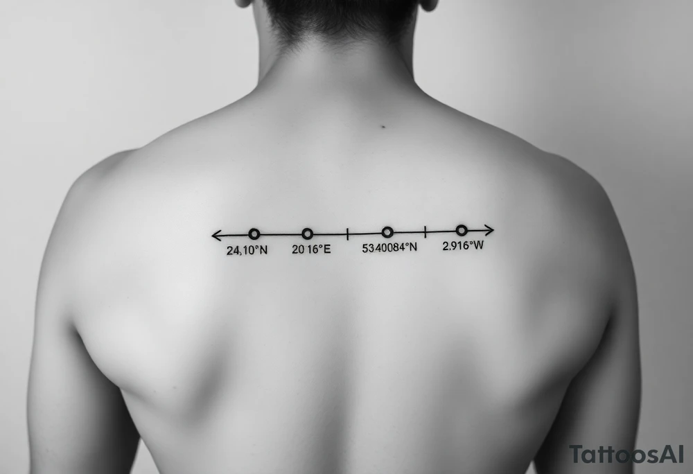 Style: minimalist fine-line  
Layout: horizontal timeline  
Elements:  
- 2 timeline dots  
- Coordinates: "24°10′N, 20°16′E" and "53.4084°N, 2.9916°W" under each dot  
- Small circle markers above each  
- Below line: Morse code — ● — ● ● — ● — ● — — — ● — ● ● ● ● — ● — tattoo idea